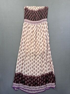 Millenium Y2K Vintage Strapless Boho Midi Maxi Dress in Cream and Plum, S